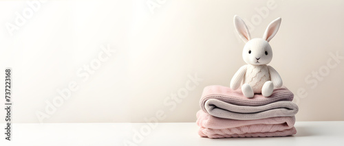 Peluche de conejo blanco sentado sobre ropa de lana. Pila de ropa de bebé con peluche de animal. IA. photo