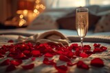 Immerse yourself in a series of intimate settings where beds adorned with petals, glasses of champagne, and delectable Valentine's Day sweets create a curated ambiance of love, tenderness, passion