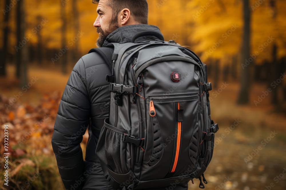 A man walks alone in autumn forest with  backpack, blurred background, solo hiking travel concept