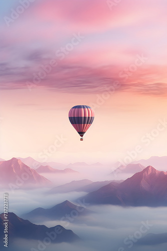 Colorful hot air balloon flying early in the morning over the mountain. Scenic sunrise or sunset view. Spring or summer landscape. Romantic travel, vacation or date concept