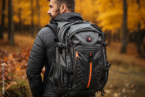 A man walks alone in autumn forest with backpack, blurred background, solo hiking travel concept