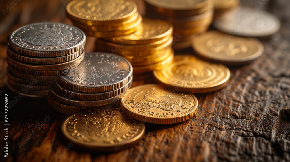 Gold coin, silver coin and bronze coin, neatly arranged on a rustic wooden table. Generative ai. Gold coin, silver coin and bronze coin, neatly arranged on a rustic wooden table. Generative ai.