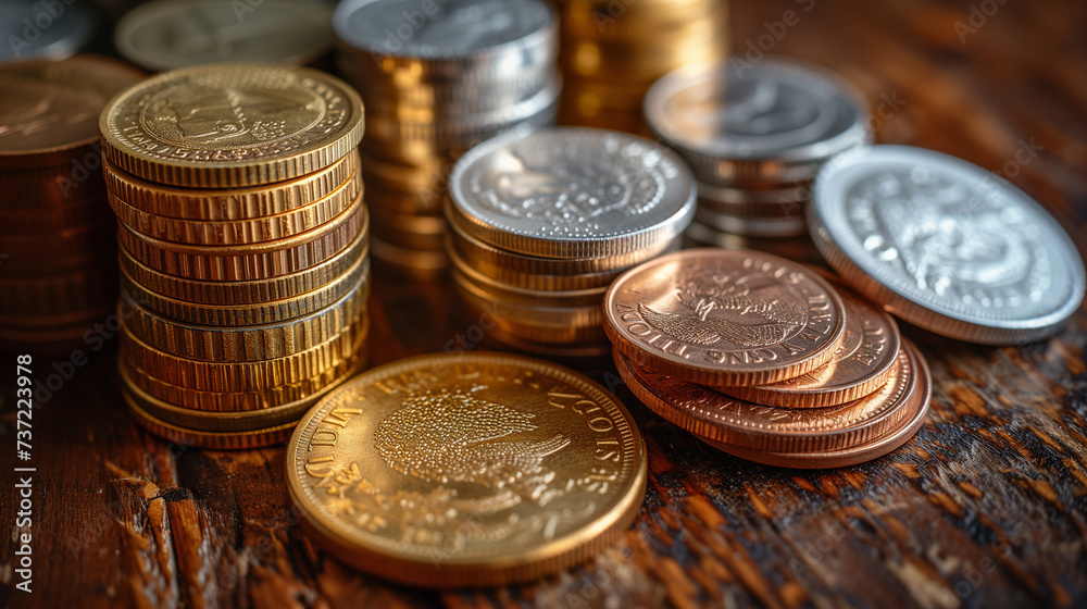 Gold coin, silver coin and bronze coin, neatly arranged on a rustic wooden table. Generative ai. Gold coin, silver coin and bronze coin, neatly arranged on a rustic wooden table. Generative ai.