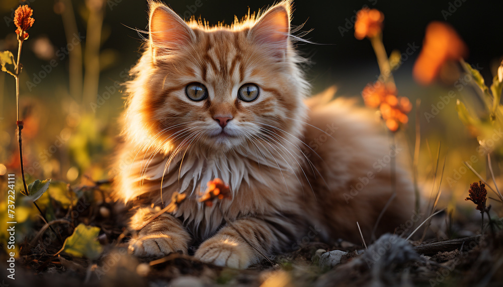 Cute kitten sitting in grass, playful and looking at camera generated by AI