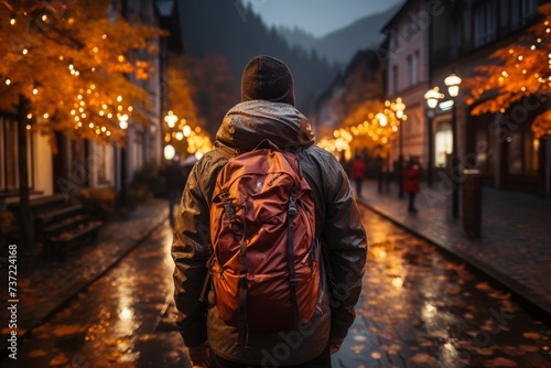 Man stays in old town street at night with backpack and enjoys the views, rear view