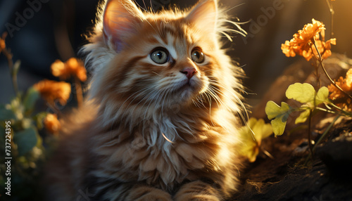 Cute kitten sitting in grass, looking at camera, playful generated by AI