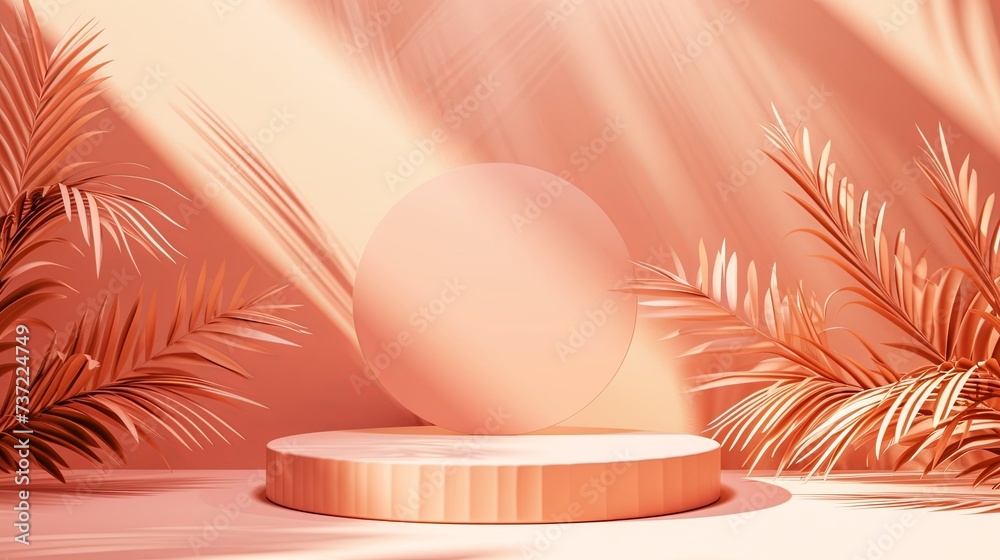 Fototapeta premium stylish podium for products and advertising in peach color with rays of sun and palm leaves