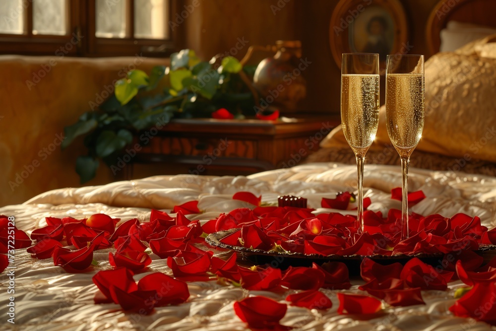 Immerse yourself in a series of intimate settings where beds adorned with petals, glasses of champagne, and delectable Valentine's Day sweets create a curated ambiance of love, tenderness, passion