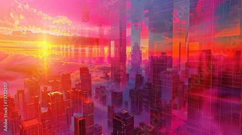 Sunset over a cyberpunk cityscape  neon reflections  dynamic dimensions