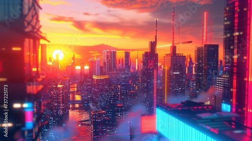Sunset over a cyberpunk cityscape, neon reflections, dynamic dimensions 