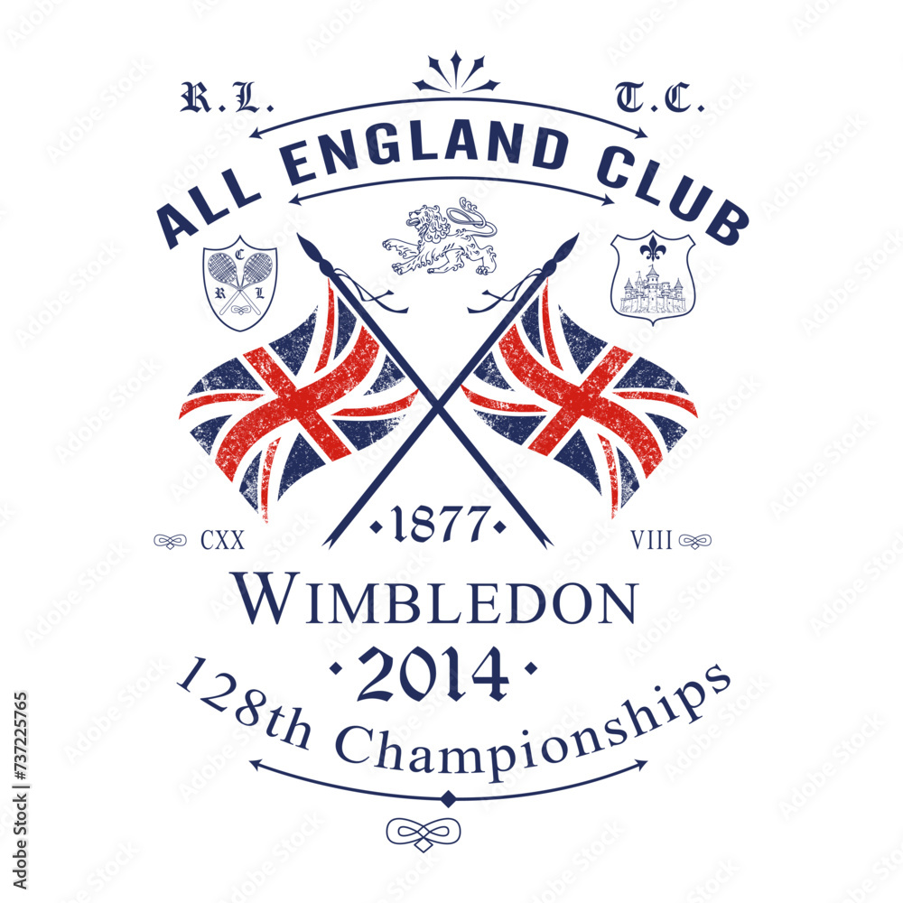 vector of crossed flags of england emblem, written all england club 1877 winbledon 2014, print style. Vector for silkscreen, dtg, dtf, t-shirts, signs, banners, Subimation Jobs or for any application