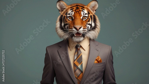 Friendly tiger wearing formal business suit, studio shoot on plain color background, cooperative business concept. photo