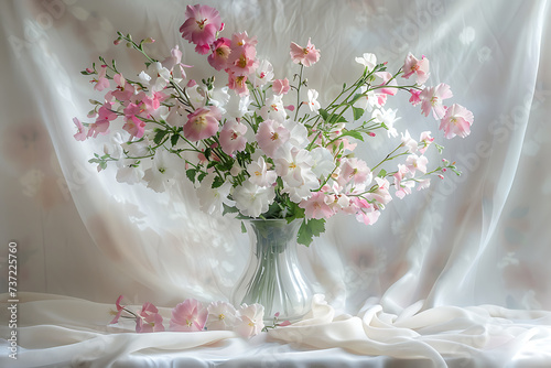 a vase full of pink and white flowers in the style of