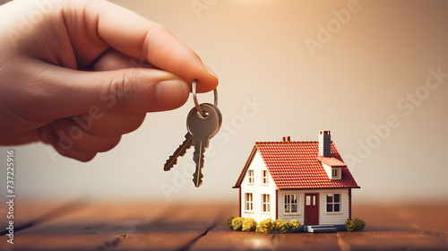 A hand holding a keychain with a miniature house, symbolizing the achievement of securing a mortgage loan and owning a home.