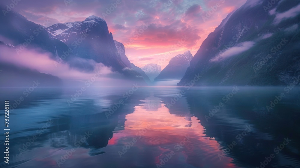 Misty fjords of Norway at dawn, calming rhythms, serene reflections in still waters 