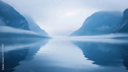 Misty fjords of Norway at dawn, calming rhythms, serene reflections in still waters  photo