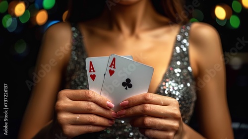 gamble, poker, casino, lucky, nightlife, chip, win, glossy fancy lady wear sexy dress rising two red aces playing cards isolated black color background photo