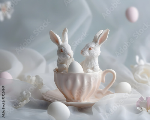 Easter Serenity  White Bunnies Nestled in a Floral Teacup Amid Pastel Eggs