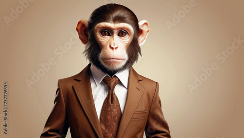 Monkey business.. Monkey wearing formal business suit, studio shoot on plain color background, cooperative business concept. © triocean