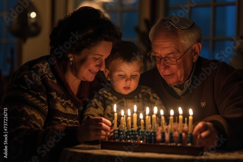 Older Man and Young Boy Blowing Out Candles on a Cake, A warm, intimate family moment during the Hanukkah candle lighting, AI Generated