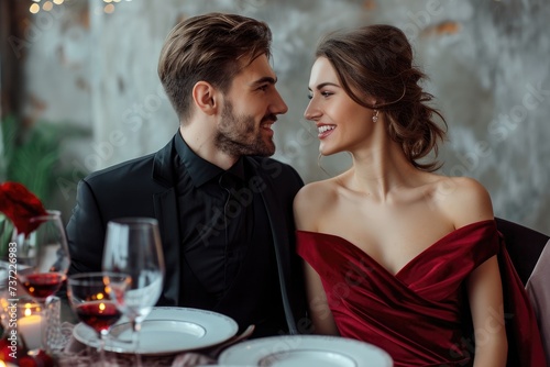 A man and a woman are seated at a dinner table  engaging in conversation and enjoying a meal together  A well-dressed couple enjoying their anniversary  AI Generated