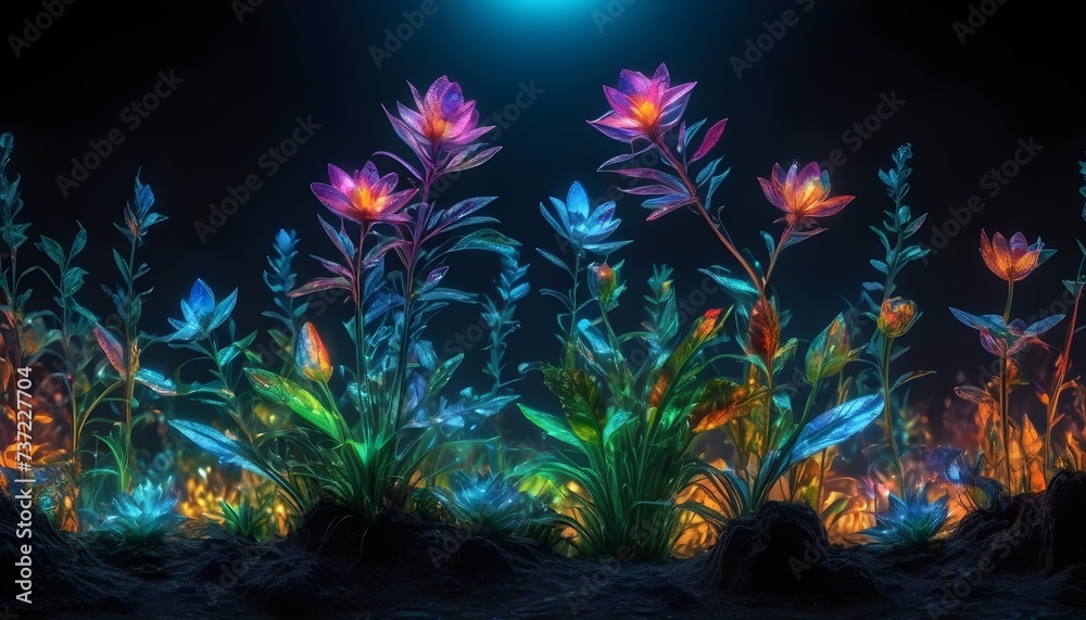 Colorful holo glowing flowers and plants background 