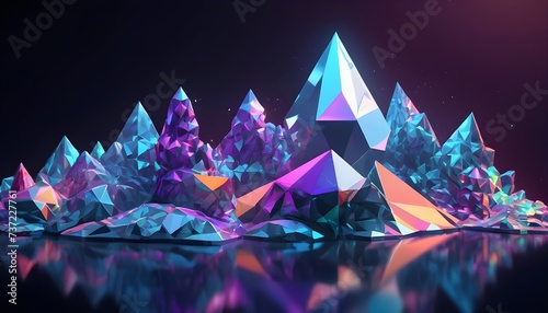 Low poly background of a holo colorful crystal island with mountains and trees