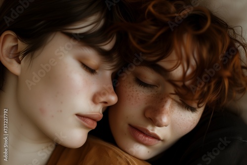 Closeup photograph of a couple of lesbians kissing and hugging, tender embrace, eyes shut, girls feeling the pleasure and happiness to be together, to support one another, close intimate relationship  photo