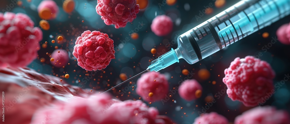 surreal medical theme background, syringe injection with red virus cell and immune system, Generative Ai - obrazy, fototapety, plakaty 