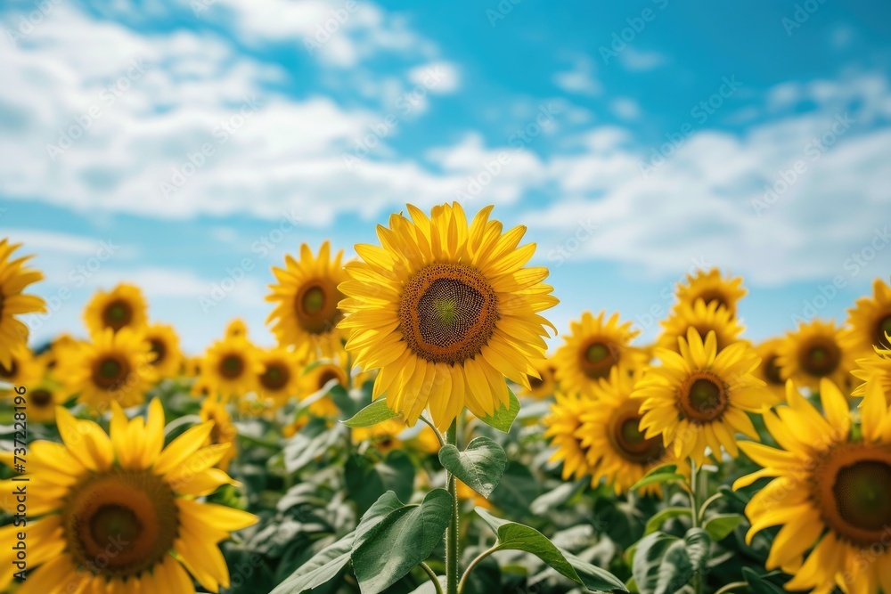 A vast expanse of sunflowers stretching towards the horizon, blooming vibrantly under a clear blue sky, A wide expansive sunflower field under a clear blue sky, AI Generated