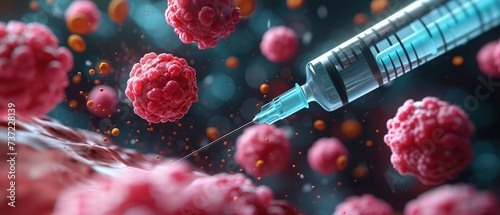 surreal medical theme background, syringe injection with red virus cell and immune system, Generative Ai photo