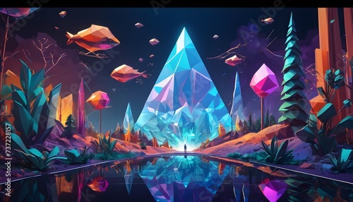Low poly fantasy landscape witk central river, trees, flying fishes, chrystal mountain 