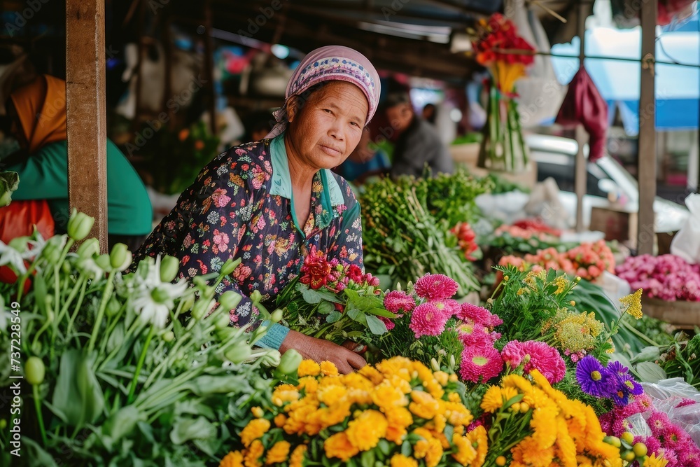 A woman dressed in casual attire stands confidently in front of a vibrant bouquet of assorted flowers, A woman selling fresh flowers in an open market, AI Generated