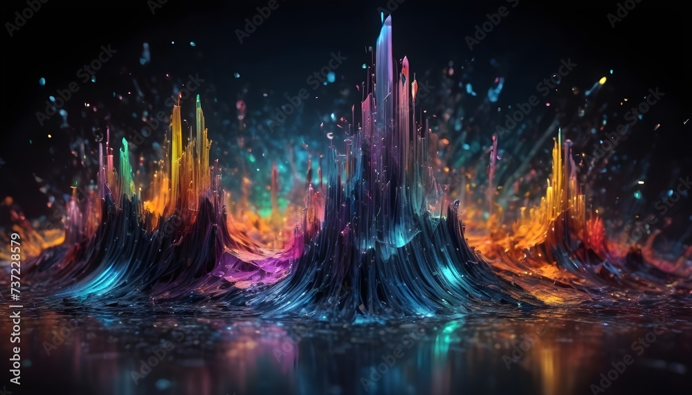 Holo abstract background with colorful gluo rocky spikes on a desert island 