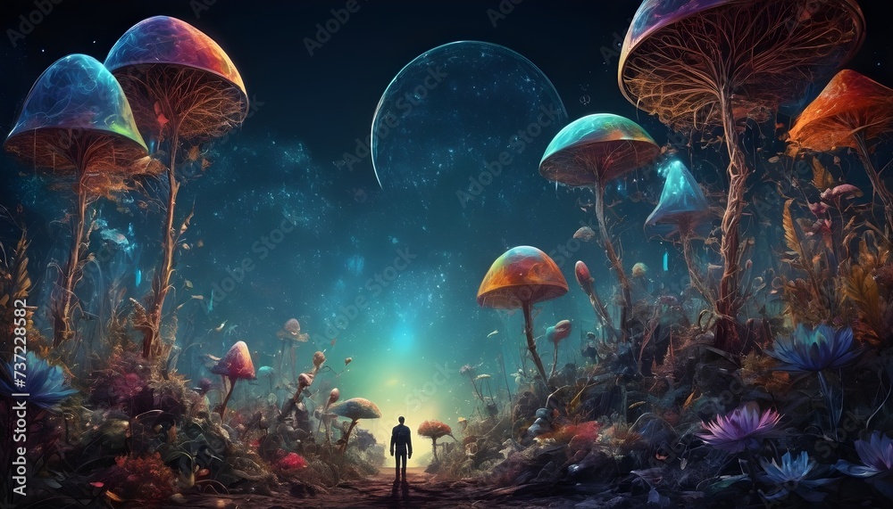 Holographic fantasy landscape with colorful plants and giant mushrooms, one person silhouette in the distance looking at the sunset, large moon and stars in the sky - obrazy, fototapety, plakaty 
