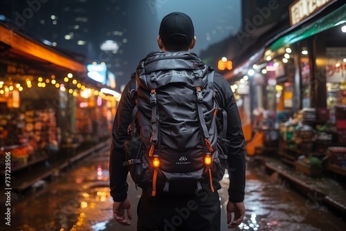 Nocturnal urban voyager. backpack-clad man reveling in captivating night cityscapes