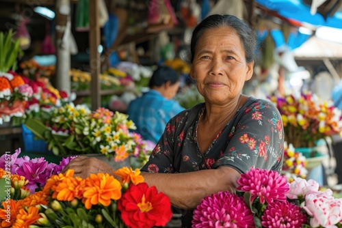 A woman sitting comfortably in a chair, surrounded by a vibrant and colorful arrangement of flowers, A woman selling fresh flowers in an open market, AI Generated