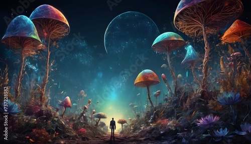 Holographic fantasy landscape with colorful plants and giant mushrooms, one person silhouette in the distance looking at the sunset, large moon and stars in the sky