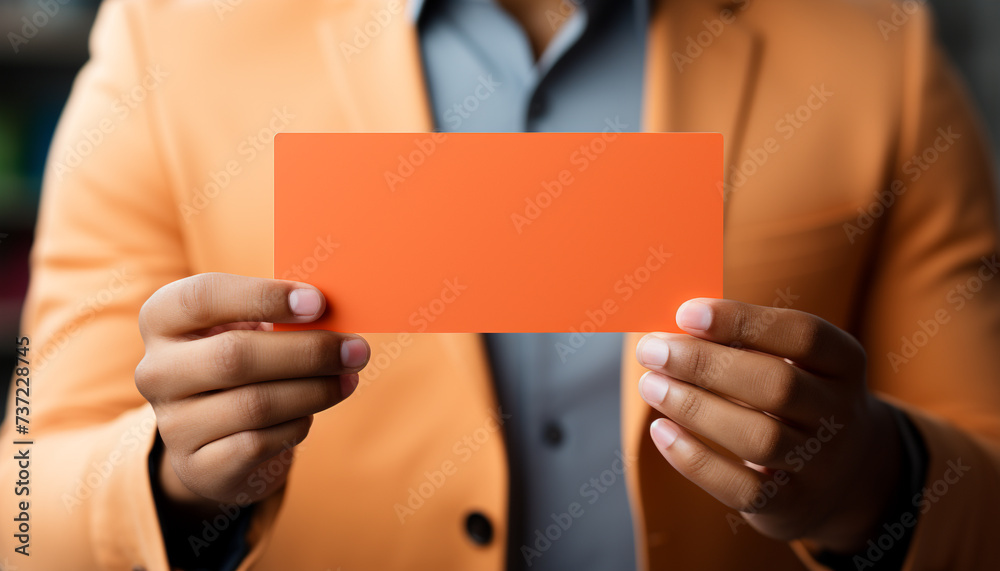 Fototapeta premium Successful businessman showing blank business card, confident in his expertise generated by AI