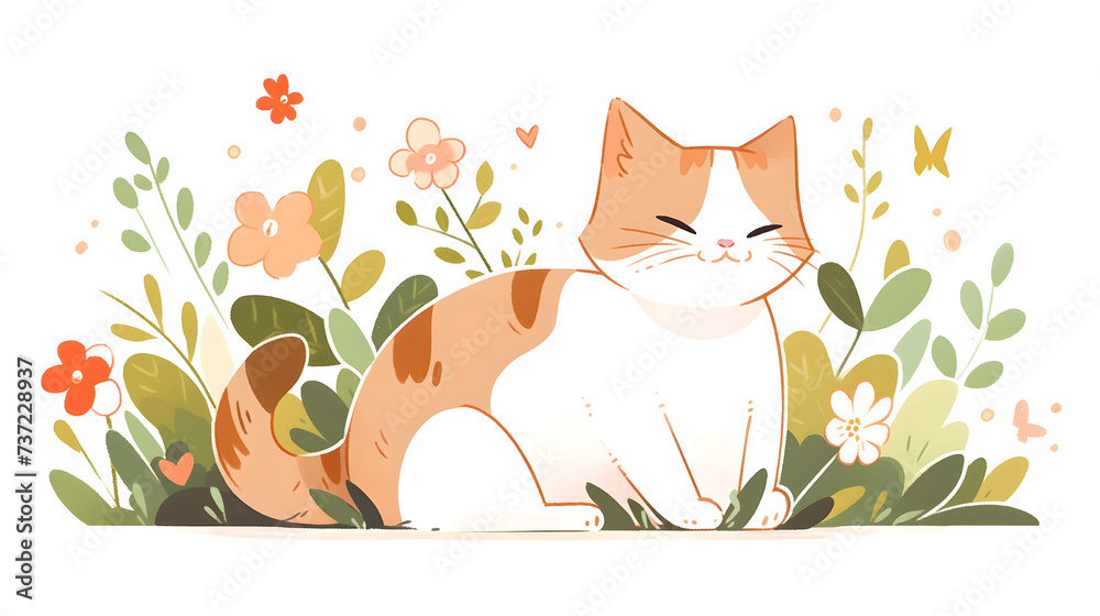 Fototapeta premium Flat illustration very cute cat sitting in the grass