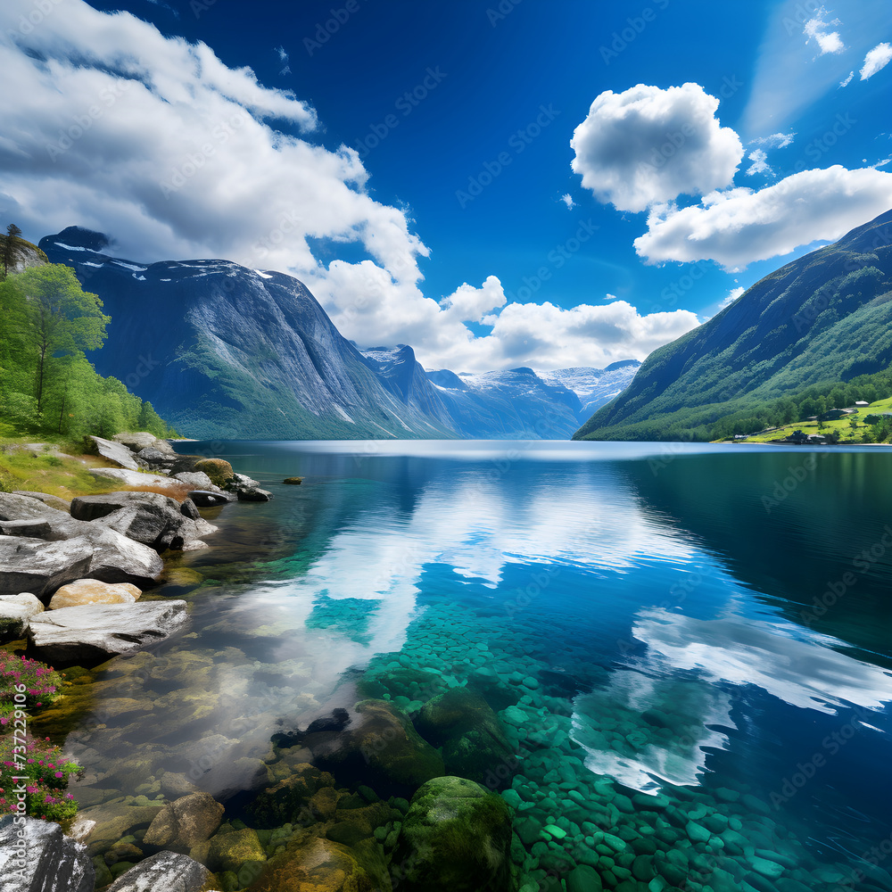 Reflections of Norway: A Scenic View of a Pristine Norwegian Fjord Amidst Cliffs and Skies