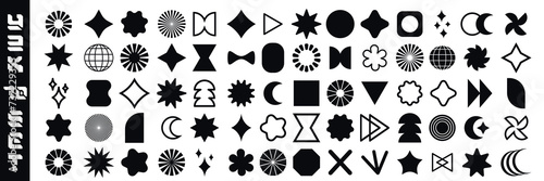  a set of retro futuristic Y2K elements. Different shapes, stars, graphic elements, highlights, waves. a huge set of elements blacj shape