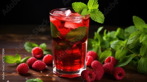 Red fruit tea with raspberry and mint. Raspberry tea wooden background. Selective focus