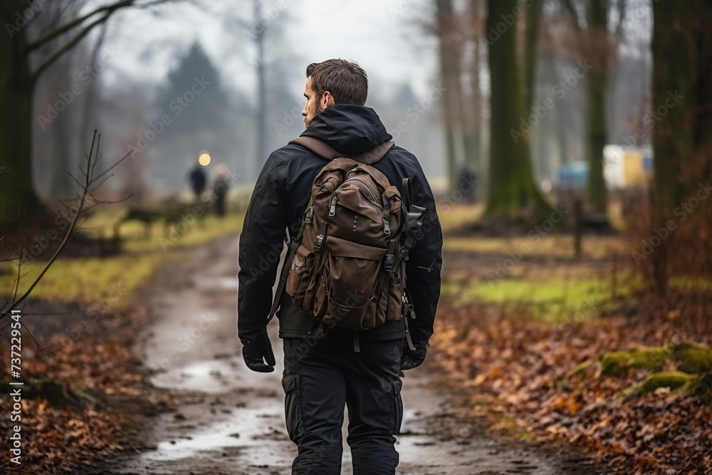 A young man stays in park with backpack and enjoys the views of nature, rear view