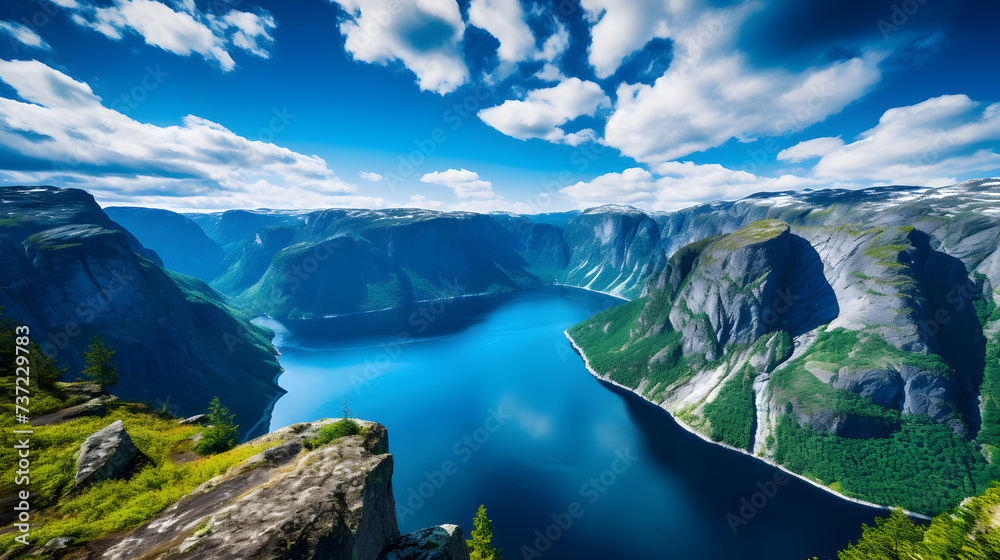 Reflections of Norway: A Scenic View of a Pristine Norwegian Fjord Amidst Cliffs and Skies - obrazy, fototapety, plakaty 