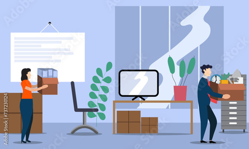 Office relocation or moving concept, Workers pack up belongings into boxes, Moving to a new location