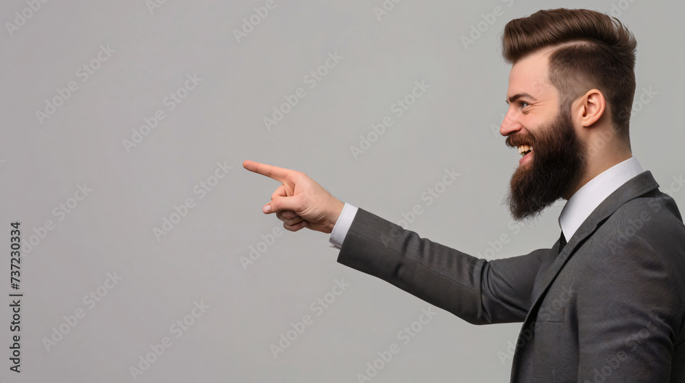 ortrait of cheerful excited joyful satisfied handsome attractive fashionable macho guy dressed in formal outfit dark velvet pointing on empty blank copyspace isolated on gray background copy-space ortrait of cheerful excited joyful satisfied handsome attractive fashionable macho guy dressed in formal outfit dark velvet pointing on empty blank copyspace isolated on gray background copy-space