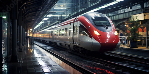 High-speed trains gallop in Shanghani, There is a red train that is pulling into a station, Elegance in motion High speed train streaks past station, Generative AI 