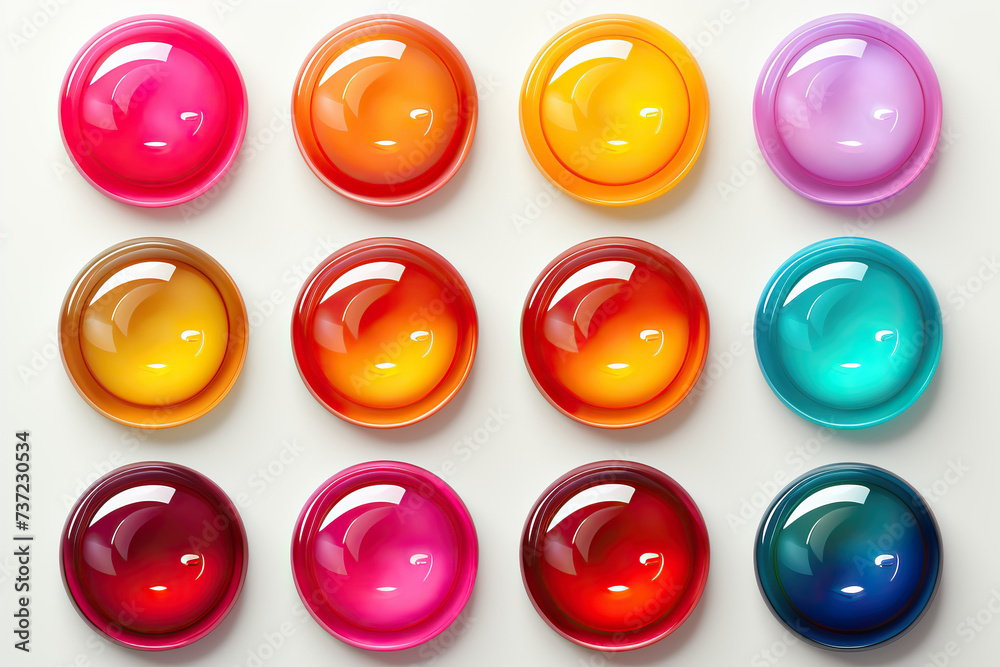 Set of glossy buttons, icons of different colors on a white background. Generated by artificial intelligence Set of glossy buttons, icons of different colors on a white background. Generated by artificial intelligence