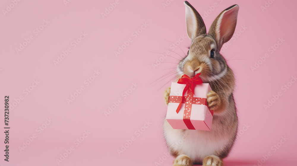 A Bunny's Gift: Adorable Rabbit Holding a Wrapped Present Against a Soft Pink Background
